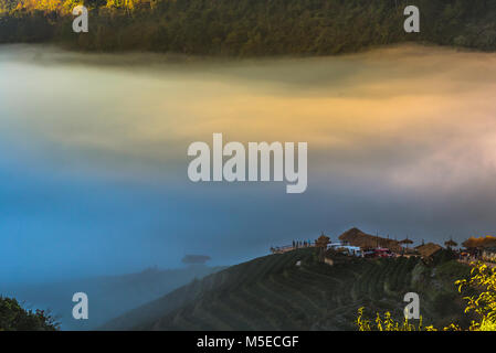 Il bellissimo panorama di scena di Doi Angkhang mountain con nebbia di mattina Foto Stock