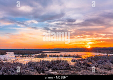 Tramonto al loop di Liberty, parte del fiume Wallkill NWR, NJ, nel tardo inverno come il ghiaccio fonde off delle paludi Foto Stock