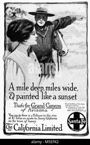 Grand Canyon Historic Railroad Depot- Santa Fe annuncio SANTA FE RR MAGAZINE annuncio pubblicitario. È comparso in HARPERS WEEKLY VOL LVI, n. 2815, 03 dic 1910 pagina 28. Mostra Harvey sentiero di puntamento di guida nel canyon con donna che guarda. - Un miglio profondo, un miglio di larghezza e dipinta come un tramonto. Questo è il GRAND CANYON DI ARIZONA. Foto Stock