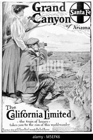 Grand Canyon Historic Railroad Depot- Santa Fe annuncio SANTA FE RR MAGAZINE annuncio pubblicitario. È comparso in HARPERS WEEKLY VOL LII, 01 FEB 1908 Pagina 3. Mostra ben vestito giovane seduto sul canyon RIM cerca attraverso il binocolo. - GRAND CANYON DI ARIZONA. Il California Limited - il treno di lusso - Vi porta a bordo di questa meraviglia del mondo. Foto Stock