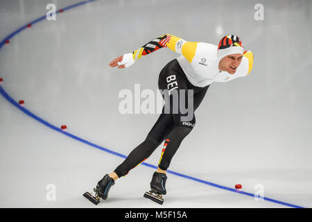 23 febbraio 2018: Mathias Voste di Â Belgium.competing in 1000 metro speedskating a olimpiadi invernali, Gangneung Corea del Sud. Ulrik Pedersen/CSM Foto Stock