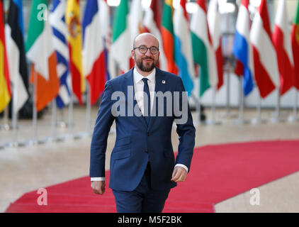 Bruxelles, Belgio. Il 23 febbraio, 2018. Belgio Il Primo Ministro Charles Michel arriva alla riunione informale dei 27 Capi di Stato e di governo a Bruxelles, in Belgio, dal 23 febbraio, 2018. I leader europei discuteranno la nuova composizione del Parlamento europeo dopo la cosiddetta "Brexit' e rilascio di post-2020 bilancio UE. Credito: Voi Pingfan/Xinhua/Alamy Live News Foto Stock