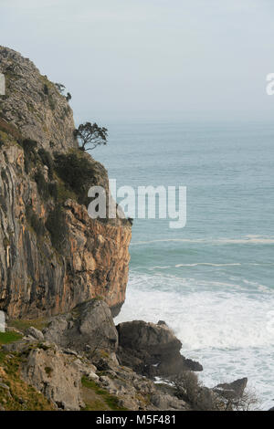 Immerso in un paesaggio unico, tra aspre rupi costiere è la spiaggia di San Giuliano, Liendo, Cantabria, SPAGNA Foto Stock