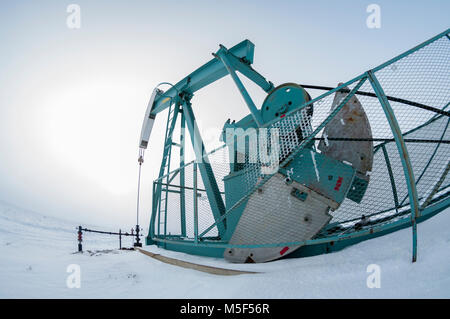 Alberta, Canada. Olio bene pumpjack sulle praterie su un nebbioso giorno in inverno, fisheye prospettiva. Foto Stock