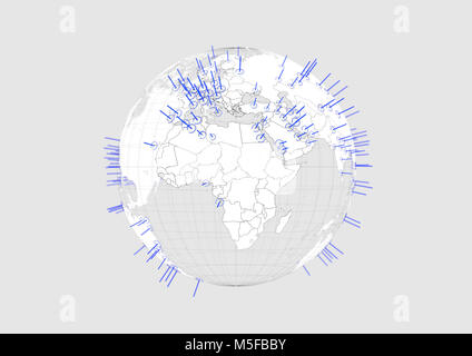 Bianco Globo mondo Africa mappa 3D illustrazione con grafica blu città su sfondo bianco con. Foto Stock