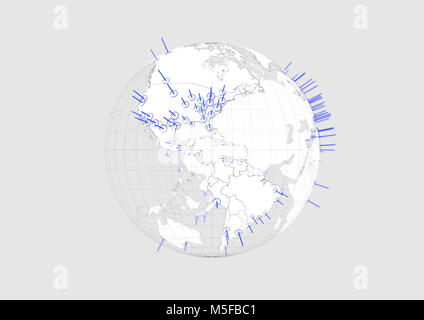 Bianco Globo mondo Americas mappa 3D illustrazione con grafica blu città su sfondo bianco con. Foto Stock