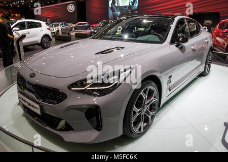 Bruxelles - Jan 10, 2018: Kia auto Stinger illustrato a Bruxelles Motor Show. Foto Stock