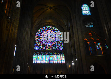 Il Nord rosone e lancet windows all interno della cattedrale di Notre Dame de Paris a Parigi Francia con brillanti tonalità blu e viola Foto Stock