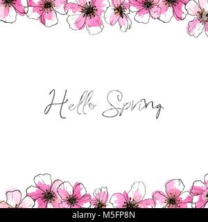 Cornice quadrata con disegnati a mano acquerelli di fiori e foglie, lineart e stile acquerello. Disegnata a mano illustrazione. Illustrazione Vettoriale