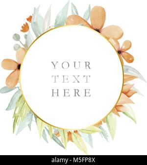 Round cornice floreale con acquerelli di fiori e foglie, fiori d'arancio, logo modello, Illustrazione disegnata a mano Illustrazione Vettoriale
