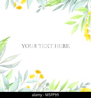 Cornice quadrata con disegnati a mano acquerelli di fiori e foglie verdi, testo decorazione. Disegnata a mano illustrazione. Illustrazione Vettoriale