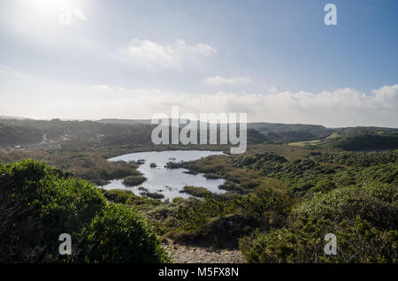 Paesaggio fotografia di un laghetto nei pressi di una spiaggia in Menorca circondato da piante che mostrano la loro natura bellissima. Foto Stock
