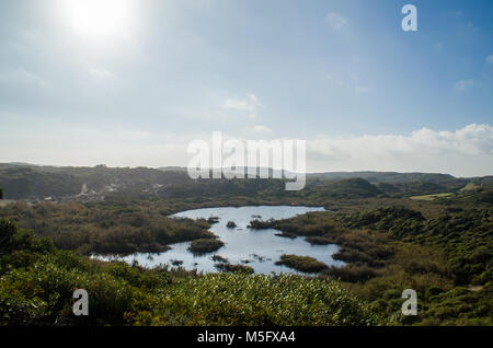 Paesaggio fotografia di un laghetto nei pressi di una spiaggia in Menorca circondato da piante che mostrano la loro natura bellissima. Foto Stock