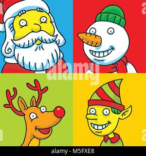 Un gruppo di quattro cartoon personaggi natalizi tra cui Santa, un pupazzo di neve, un elfo e Rudolph. Illustrazione Vettoriale