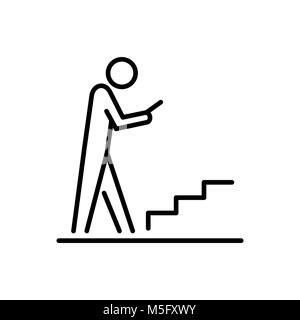 Uomo che utilizza smartphone su per le scale icona persone ui linea semplice illustrazione piana. Illustrazione Vettoriale