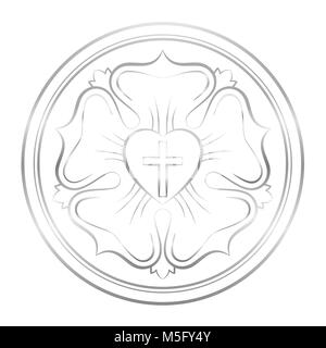 Simbolo di Lutero. Simbolo del luteranesimo e protestanti, costituito da una croce, un cuore, un unica rosa e un anello - argento illustrazione sul bianco. Foto Stock