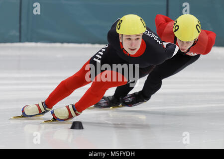 San Pietroburgo, Russia - 18 Febbraio 2018: atleti competere in breve pista di pattinaggio di velocità durante il Pavlovsky Cup. Atleti provenienti da 6 paesi hanno partecipato Foto Stock