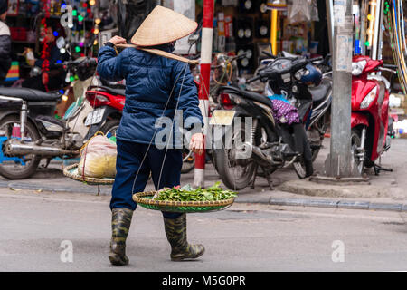 Un venditore di frutta che indossa un tradizionale di bambù cappello conico porta i suoi frutti attraverso una strada in cestelli appesi da un bambù che trasportano la pole ad Hanoi, Vietnam Foto Stock