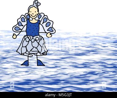 Blue fairy camminare sull'acqua. Schizzi tracciati a mano scarabocchi in splendidi abiti e costumi. Infanzia felice icone. Illustrazione Vettoriale