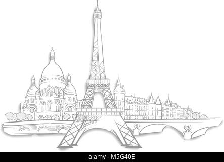 I punti di riferimento di Parigi schizzi. Line Art disegno a mano. Travel design, architettura icona per biglietto di auguri, vettore sfondo. Illustrazione Vettoriale