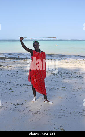 Maasai uomo in piedi sulla spiaggia tenendo in mano un bastone, Kiwengwa beach, Zanzibar, Tanzania Foto Stock