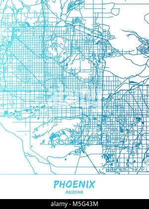 Downtown Phoenix e dintorni mappa in blu versione ombreggiata con molti dettagli. Questa mappa di Phoenix contiene punti di riferimento tipico con camera per additiona Illustrazione Vettoriale