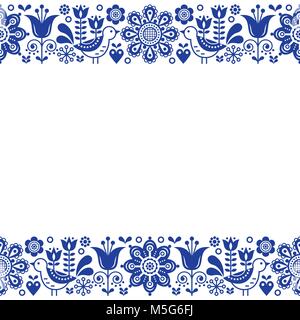 Folk scandinava arte vettore retrò greeting card design, ornamento floreale in blu navy Illustrazione Vettoriale