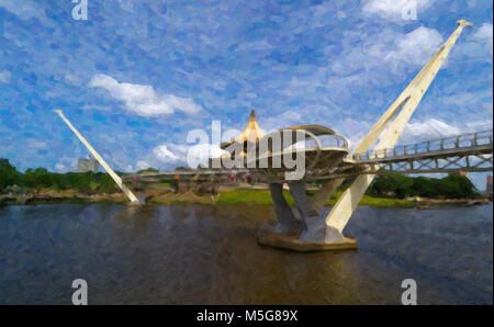 Olio digitale effetto arte pittorica del nuovo Darul Hana il ponte che si trova di fronte al Dewan Bangunan Undangan Negeri Sarawak Baru building, Kuching, Sarawak Foto Stock