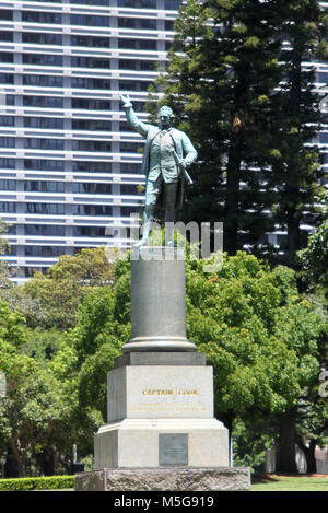 Il 1879 statua del Capitano Cook in Hyde Park, Sydney, Australia Foto Stock