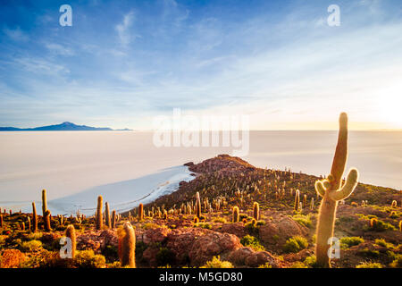 Vista sul tramonto sull isola incahuasi dal lago di sale di Uyuni in Bolivia Foto Stock