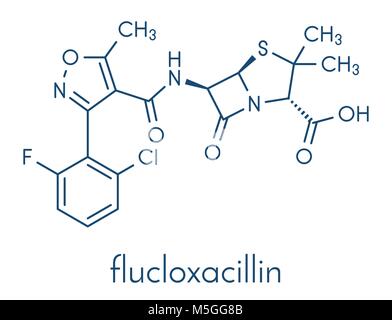 Flucloxacillina (floxacillin) farmaci antibiotici molecola. Formula di scheletro. Illustrazione Vettoriale