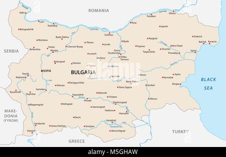 La Bulgaria mappa vettoriale con le principali città e fiumi Illustrazione Vettoriale