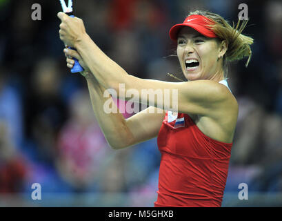 Cracovia in Polonia - Febbraio 7, 2015: Maria Sharapova durante il tennis cup Fed Cup Polonia Russia Foto Stock