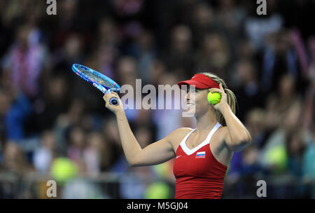 Cracovia in Polonia - Febbraio 7, 2015: Maria Sharapova durante il tennis cup Fed Cup Polonia Russia Foto Stock