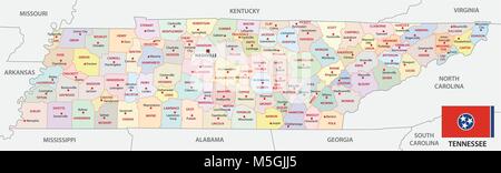 Politica e amministrativa di mappa vettoriale dello stato americano del Tennessee con bandiera Illustrazione Vettoriale