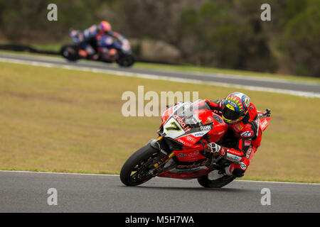 Sabato 24 Febbraio, 2018. FIM Superbike World Championship. Circuito australiano di Phillip Island. Chaz Davies, Aruba.it Ducati Superbike World Team. Gara 1. 3 ° posto. Foto Stock