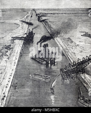Di costruzione e di dragaggio del canale di Suez, Egitto (incisione, 1889) Foto Stock