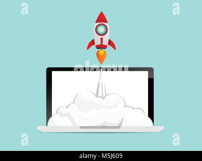 Illustrazione di un razzo di lancio di avvio dal computer portatile business concetto sfondo vettoriale Illustrazione Vettoriale
