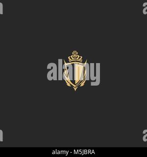 Scudo dorato con corona,empire simbolo su sfondo nero illustrazione vettoriale design. Illustrazione Vettoriale