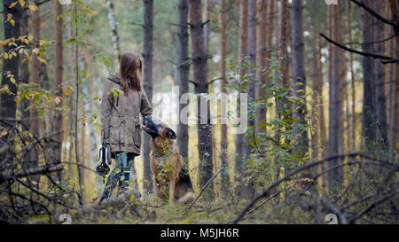 Giovane bella femmina modello giocando con il suo animale domestico - pastore tedesco - a piedi su una foresta di autunno - ragazza getta il cane un bastone Foto Stock