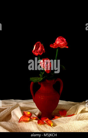 Tre Rose morente in un vaso di terracotta, impostato su di un panno di mussola disseminato di petali, contro uno sfondo nero. Foto Stock