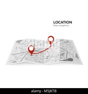 Bianco e nero mappa con puntatori rosso del punto di partenza del percorso e la finale. Navigatore GPS colore rosso verifica pin da punto a punto del percorso. Vec Illustrazione Vettoriale