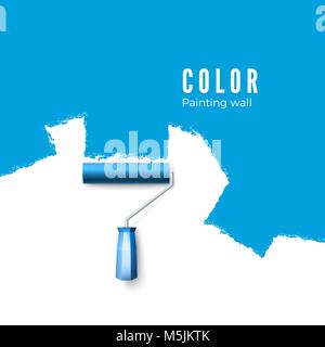 Paint la spazzola a rullo. Texture di vernice durante la verniciatura con un rullo. Verniciatura della parete in blu. Illustrazione di vettore isolato su sfondo bianco Illustrazione Vettoriale