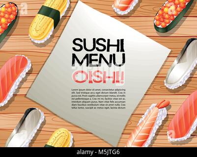 Menu Sushi su tavola di legno illustrazione Illustrazione Vettoriale