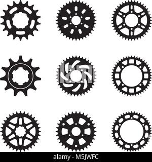 Set di vari tipi di vettore di pignone di icone. Biciclette e parti in moto Illustrazione Vettoriale