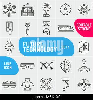 Moderna linea sottile set di icone della tecnologia del futuro e artificiale dei robot intelligente icona. Illustrazione Vettoriale
