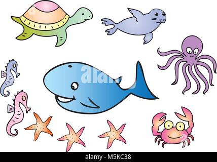 Un cartoon illustrazione di varie creature del mare tra cui cavallucci marini,whale,turtle,guarnizione,octopus,granchi e stelle marine. Illustrazione Vettoriale