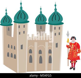 Un cartoon illustrazione della Torre di Londra e un beefeater Illustrazione Vettoriale