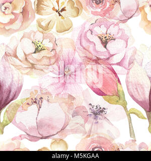 Seamless boho pattern con grandi fiori ad acquerello da le peonie. Blossom bohemien molla floreali backgraund decorazione. Rosa rosa tessuto Foto Stock