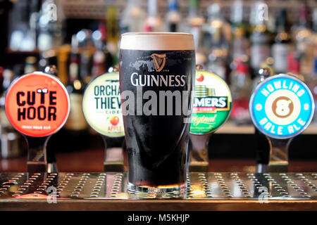 La pinta di Guinness davanti a differenti ale e birra pompe, il Merchant's Arch Bar & Ristorante, Temple Bar di Dublino, Irlanda Foto Stock